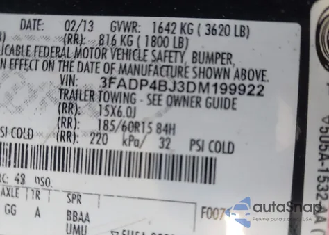 2013 Ford Fiesta Se z USA, uszkodzony, nr VIN 3FADP4BJ3DM199922